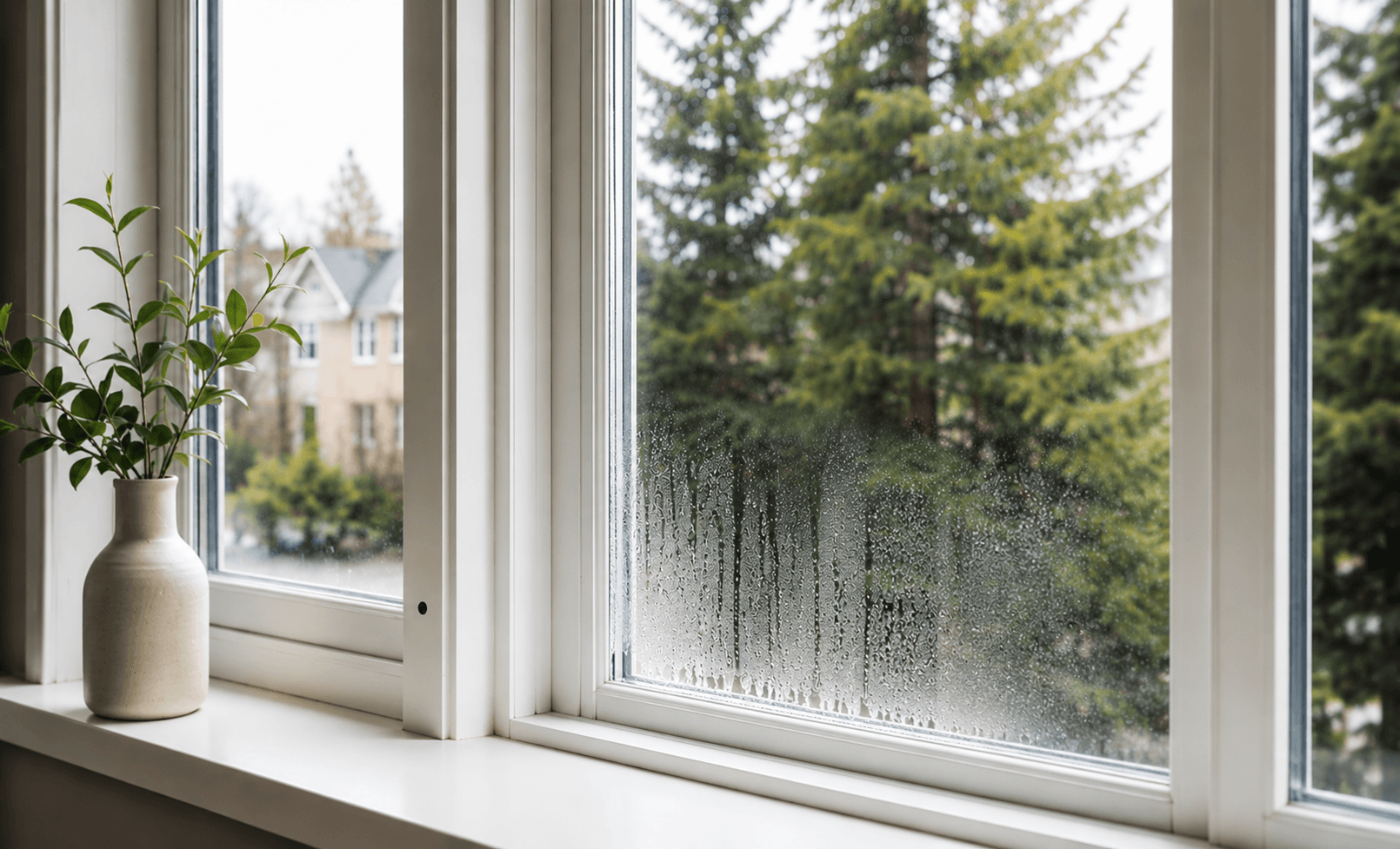 Foggy residential thermos window with condensation between the panes